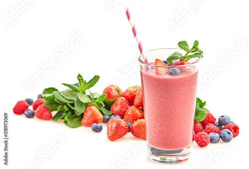 Berry smoothie, healthy juicy pink vitamin drink, diet or vegan food concept. Freshly blended homemade fruit vitamins refreshing juicy cocktail. Tasty smoothie with organic berries on white