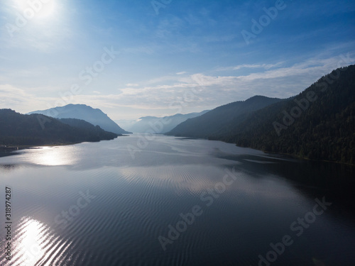 Aerial view on Teletskoye lake in Altai mountains  Siberia  Russia. Drone shot. Beauty summer day.