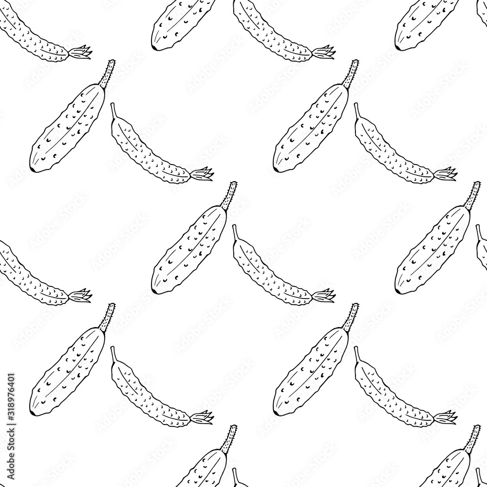 Seamless pattern with creative black-and-white cucumbers on white background for fabric, textile, clothes, tablecloth and other things. Vector image. Seamless pattern with creative black-and-white cucumbers on white background for fabric, textile, clothes, tablecloth and other things. Vector image.