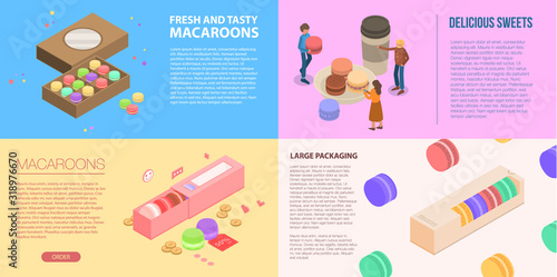 Macarons banner set. Isometric set of macarons vector banner for web design