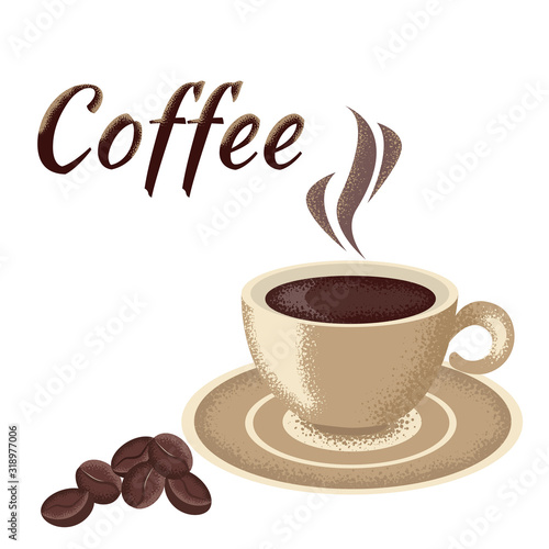 Abstract retro style. A cup of natural boiled coffee with coffee grains. Grunge design, sketch, hand-drawn. Can be used as web and print, poster, signboard.
