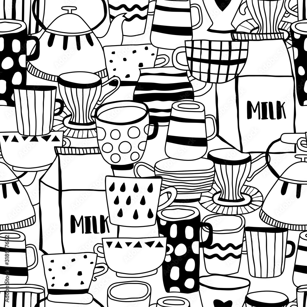 Tea cups, coffee mugs, teapot and milk. Seamless pattern. Black and white illustration for coloring book and page. Tea cups, coffee mugs, teapot and milk. Seamless pattern. Black and white illustration for coloring book and page.