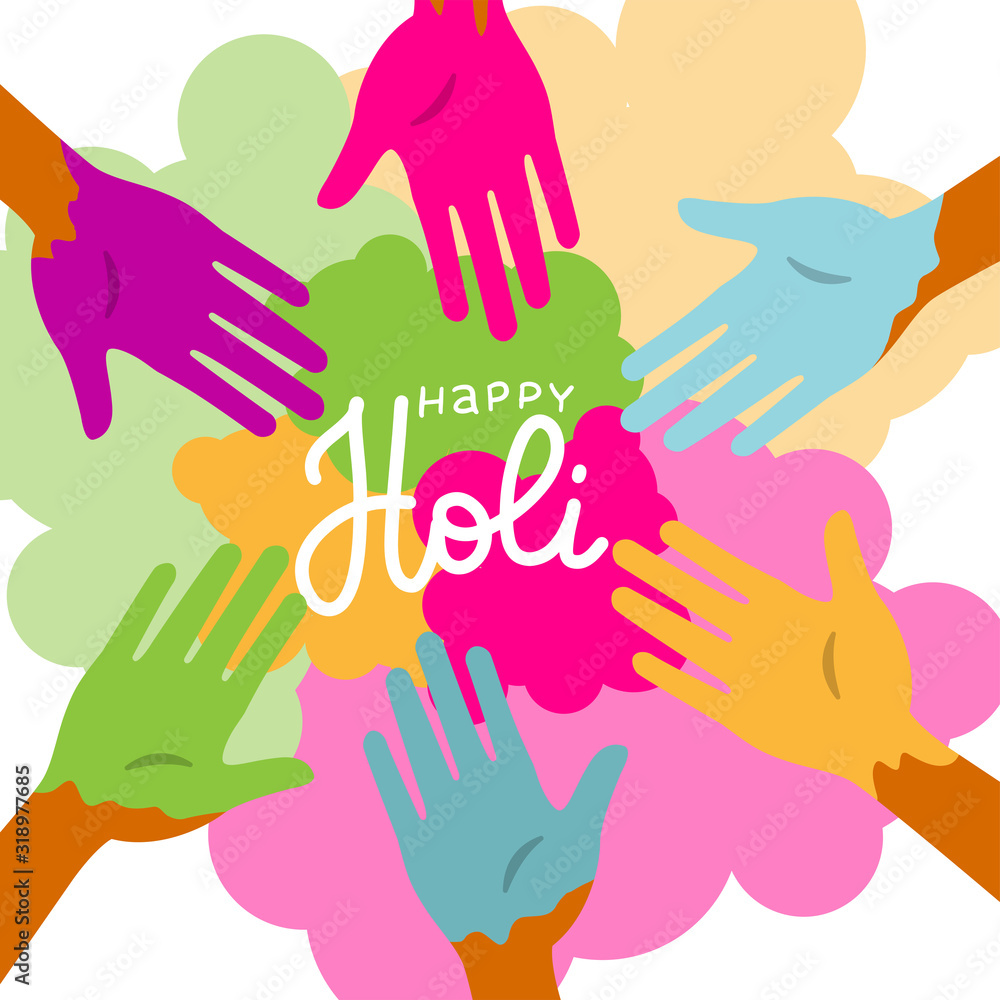 Fototapeta premium Bunch of colorful hands of friends group having fun at party on holi color festival summer vacation.Young people enjoying time together. Concept with multicolored powder game. Flat vector illustration