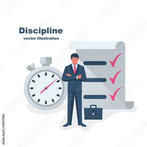 Self discipline concept. All deal and tasks are completed. Vector illustration flat design. Isolated on white background. Control management character. Modern man controlling himself.