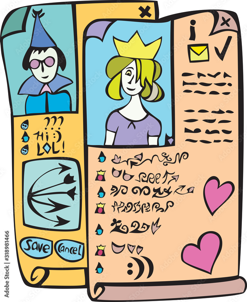 Vector drawing of online dating pages of young people