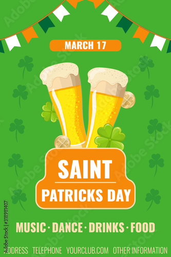 Happy St. Patrick's day flyer. Banner with two glasses of beer, clover and coins.