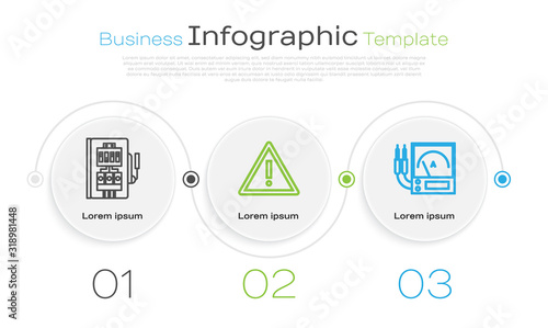 Set line Electrical panel, Exclamation mark in triangle and Ampere meter, multimeter, voltmeter. Business infographic template. Vector