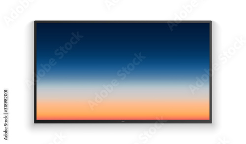 Free Download Vector realistic wide angle smart HD tv on the wall. Blue aerial panoramic view of sunrise over ocean. Led 3d screen isolated on white background. Sunrise watercolor gradation. - GFXLoad