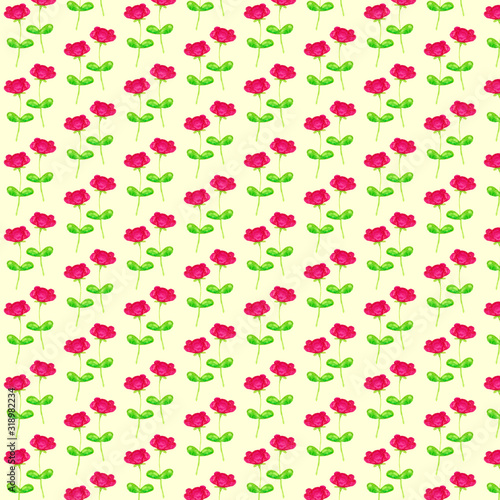 Seamless pattern. Repeating small  pink flowers. Yallow background.