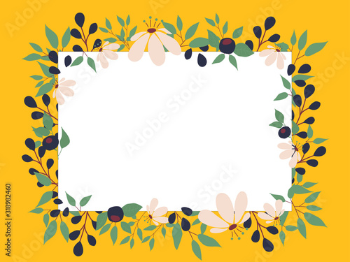 yellow greeting card with spring summer blooming flowers and space for text