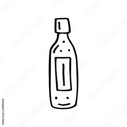 Bottle of oil, milk, juice cute kitchen equipment vector doodle hand drawn illustration, sticker, icon. Monochrome black design. Isolated on white background. Kitchen staff design element. Line art.