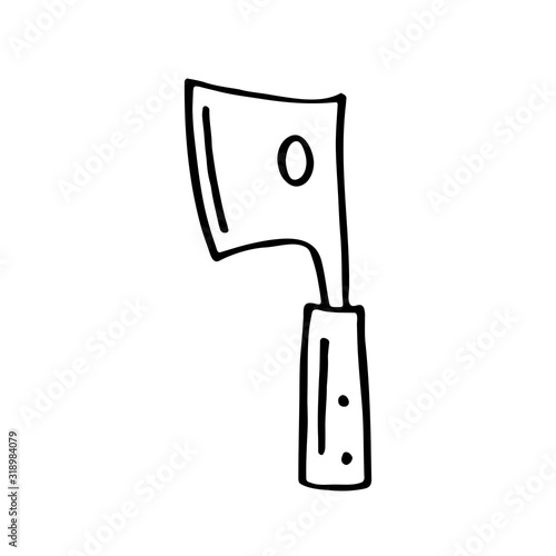 Hatchet knife, dish cute kitchen equipment vector doodle hand drawn illustration, sticker, icon. Monochrome black design. Isolated on white background. Kitchen staff design element. Line art.