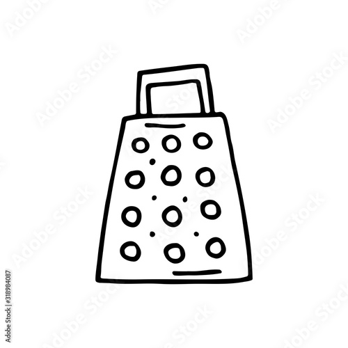 Kitchen grater dish cute kitchen equipment vector doodle hand drawn illustration, sticker, icon. Monochrome black design. Isolated on white background. Kitchen staff design element. Line art.