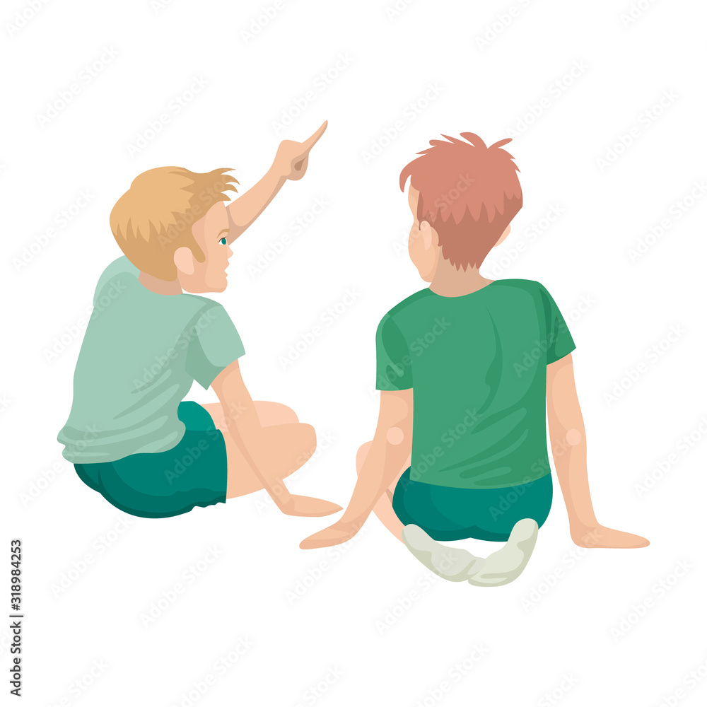 The boys is sitting with her back, pointing forward. With friend. Vector flat illustration