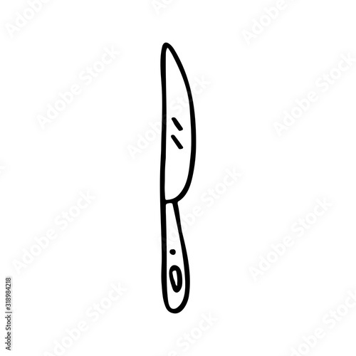 Knife, dish cute kitchen equipment vector doodle hand drawn illustration, sticker, icon. Monochrome black design. Isolated on white background. Kitchen staff design element. Line art. Minimalist. 
