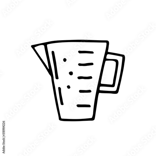 Beaker cup kitchen equipment vector doodle hand drawn illustration, sticker, icon. Monochrome black design. Isolated on white background. Kitchen staff design element. Line art.  Minimalist.