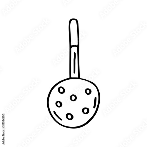 Colander dish cute kitchen equipment vector doodle hand drawn illustration, sticker, icon. Monochrome black design. Isolated on white background. Kitchen staff design element. Line art. Minimalist. 