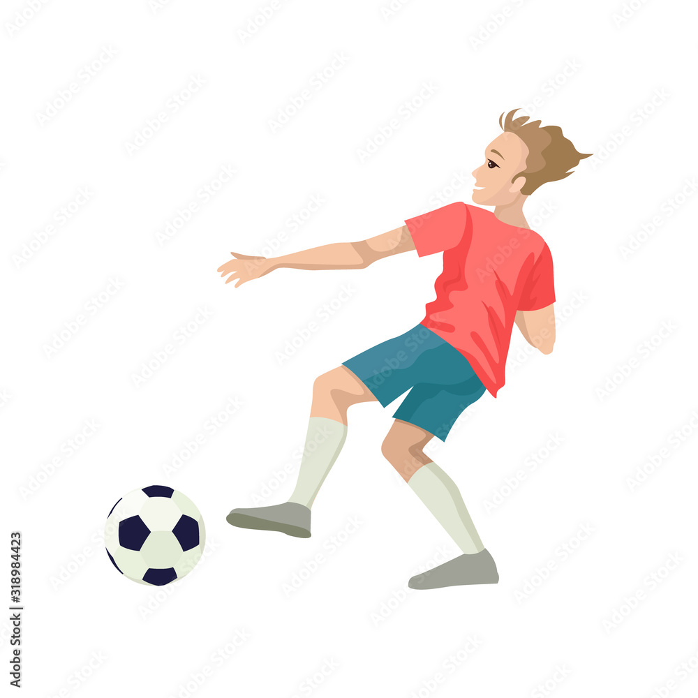 Football player runs for the ball. Kicks the ball, profile view. Vector flat illustration