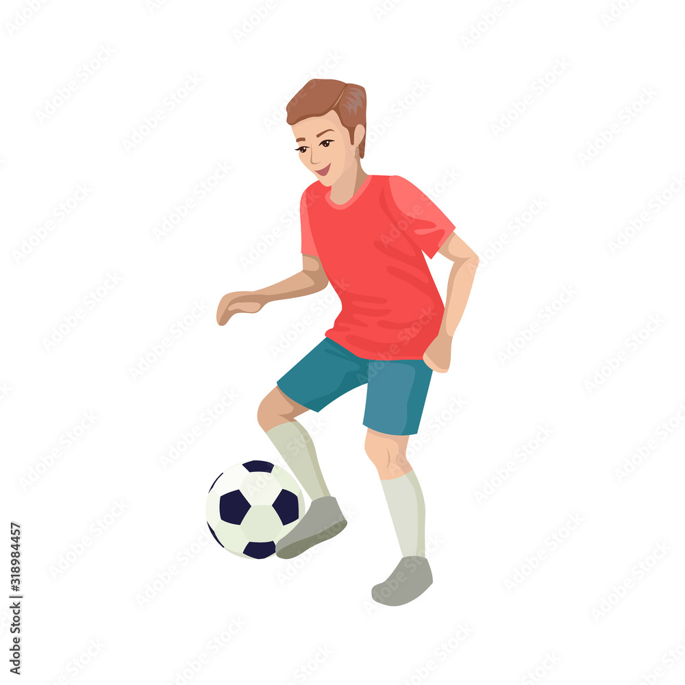Football player runs for the ball. Kicks the ball, looks at the ball. Vector flat illustration
