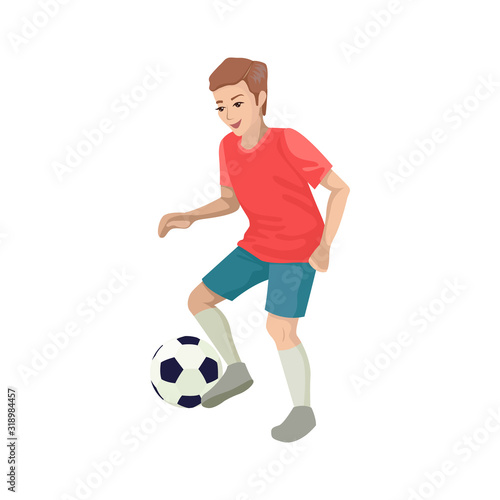 Football player runs for the ball. Kicks the ball, looks at the ball. Vector flat illustration © Veronika
