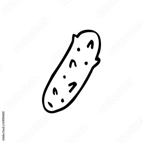 Cucumber vegetable cute kitchen element vector doodle hand drawn illustration, sticker, icon. Monochrome black design. Isolated on white background. Kitchen staff design element. Line art.