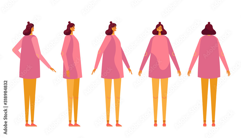 Woman creation kit. Set of body positions for animation. Front, side ...