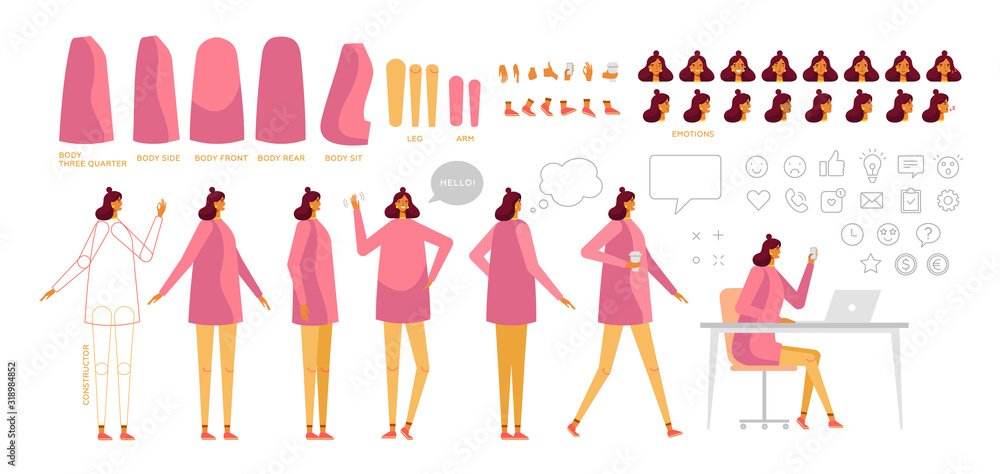 Fototapeta premium Woman creation kit. Body constructor. Collection of body parts for animation. Front, side, rear, three quarter. Facial expression. Set of emotion, bubbles and line social icons. Vector, isolated