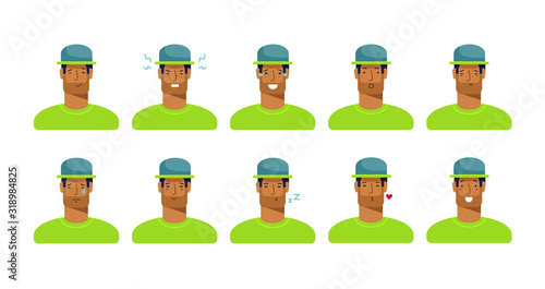Set of ten different emotions. Facial expression. Girl Avatar. Young man emoji character with different expressions. Vector cartoon illustration, flat design. White background isolated 