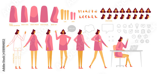 Woman creation kit. Body constructor. Collection of body parts for animation. Front, side, rear, three quarter.  Facial expression. Set of emotion, bubbles and line social icons. Vector, isolated