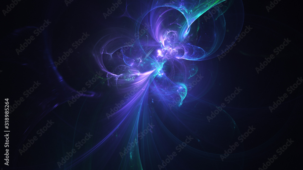 Abstract blue glowing shapes. Fantasy light background. Digital fractal art. 3d rendering.