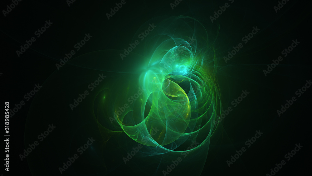 Abstract green glowing shapes. Fantasy light background. Digital fractal art. 3d rendering.