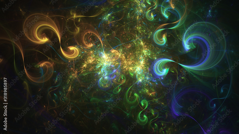 Abstract blue and gold glowing shapes. Fantasy light background. Digital fractal art. 3d rendering. Abstract blue and gold glowing shapes. Fantasy light background. Digital fractal art. 3d rendering.