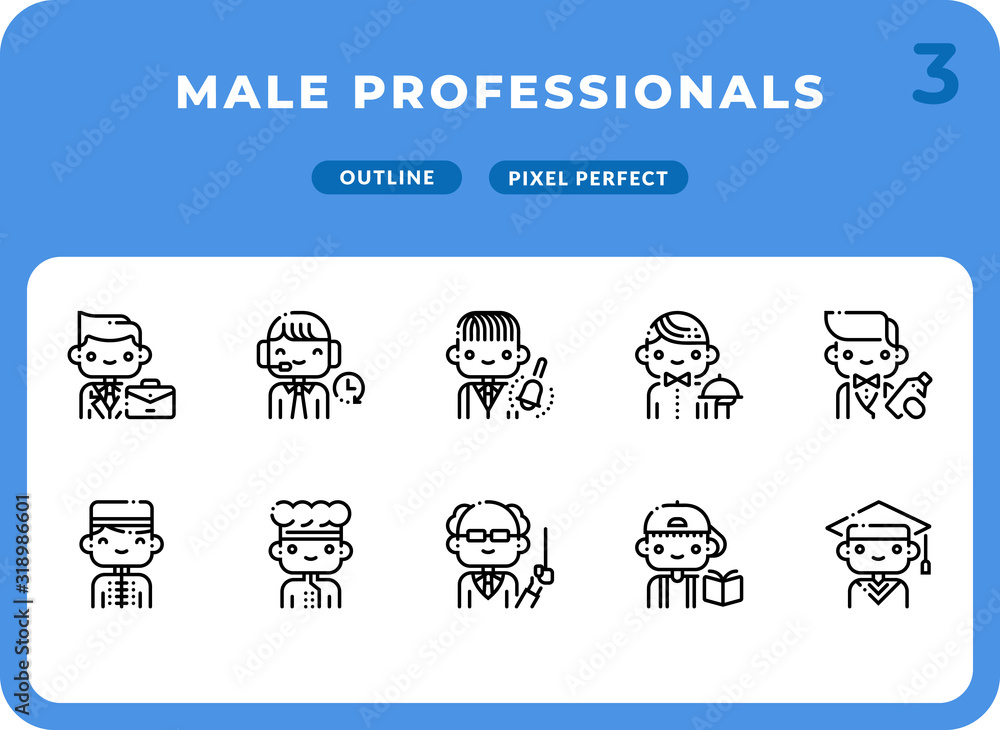 Male Professionals Outline Icons Pack for UI. Pixel perfect thin line vector icon set for web design and website application.