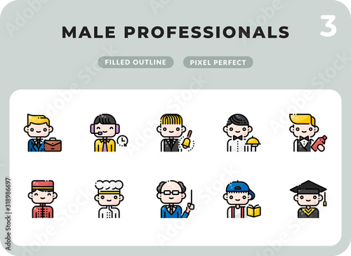 Male Professionals Filled Icons Pack for UI. Pixel perfect thin line vector icon set for web design and website application.