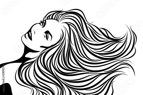 Smiling sexy girl with long hair poster in black and white. Elegant vector illustration