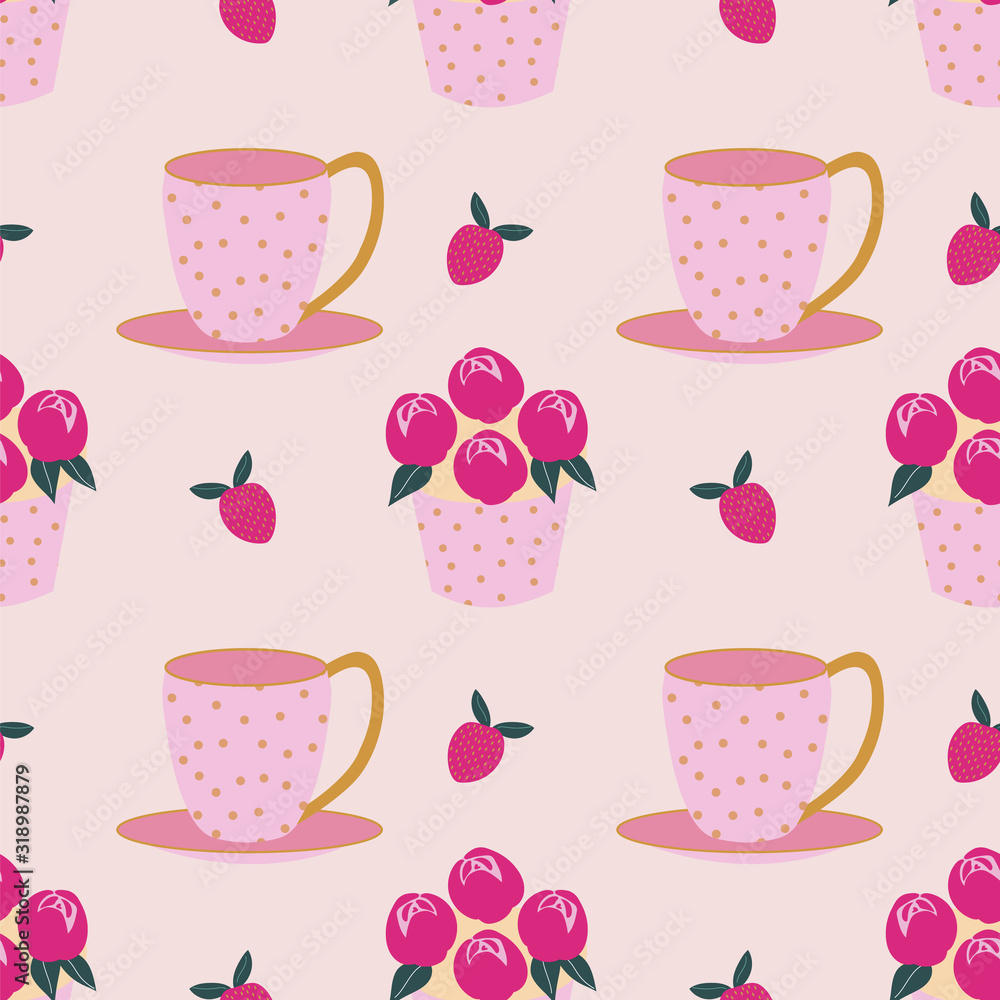 Seamless pattern of delicious flower cupcakes, strawberries, and cute polka dot teacups for an afternoon tea party. Seamless pattern of delicious flower cupcakes, strawberries, and cute polka dot teacups for an afternoon tea party.
