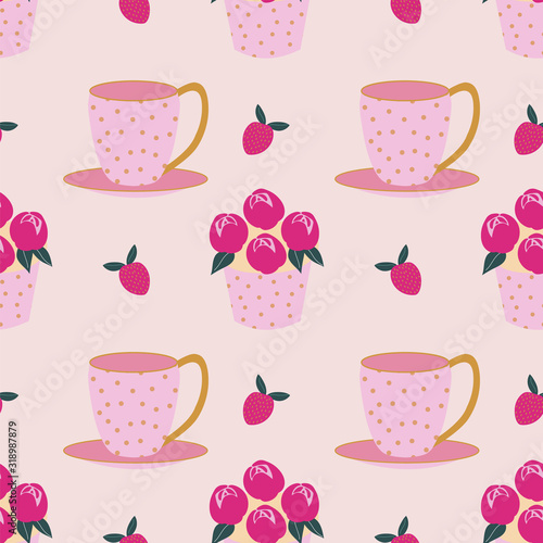Seamless pattern of delicious flower cupcakes, strawberries, and cute polka dot teacups for an afternoon tea party.