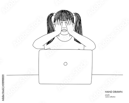 Hand drawn illustration of little girl sitting in front of laptop with his hand hiding her face. Internet safety for kids concept. Censored content. Black on white background