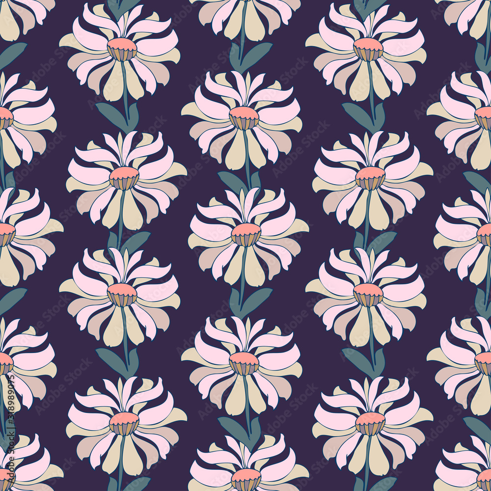 Modern seamless vector botanical colourful pattern with garden flowers. Can be used for printing on paper, stickers, badges, bijouterie, cards, textiles. 