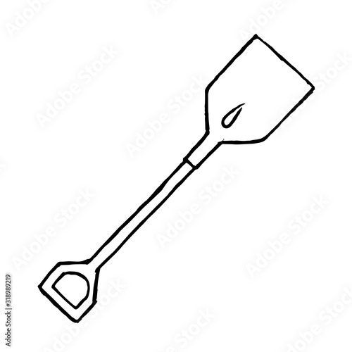 Black and white shovel drawing in sketch style. Illustration on white background.