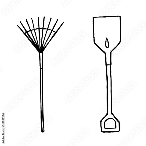 Creative black and white collection of two hand drawn garden tools.