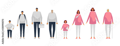 Vector illustration. Collection of male and female characters with different ages. A child, a teenager, an adult, an elderly person. The life cycle. Generation of people and stages of growing up.