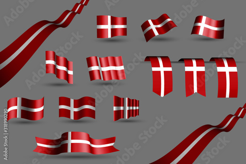 Waving Denmark banners and 3 bookmarks in the colors of the flag - red, white, many 9 flags - vector illustration for memorial, labor day or any national celebration