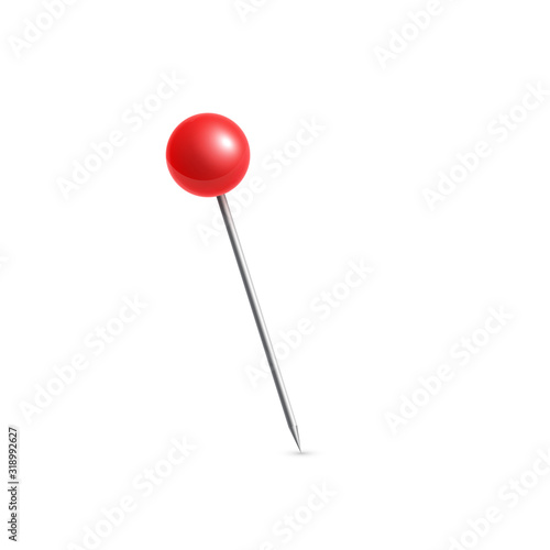 Realistic vector plastic glossy red push pins at various angles set needle.