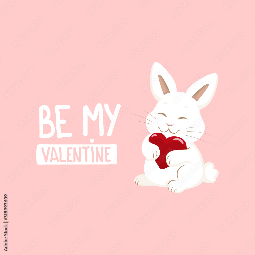 Be my Valentine. Cute illustration valentines day with small lovely rabbit holds heart. Cute bunny with heart. Greeting card, poster, print for Valentine's Day with a bunny Be my Valentine. Cute illustration valentines day with small lovely rabbit holds heart. Cute bunny with heart. Greeting card, poster, print for Valentine's Day with a bunny