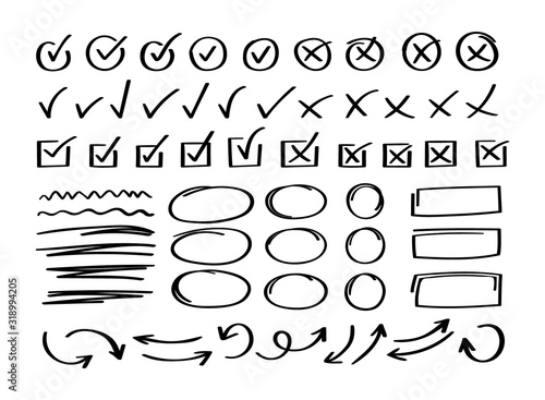Super set hand drawn check mark with different circle arrows and underlines. Doodle v checklist marks icon set. Vector illustration