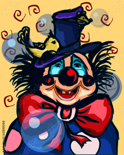Stylized illustration of a clown with a bird on his head