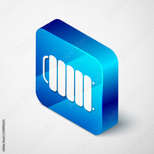 Isometric Heating radiator icon isolated on white background. Blue square button. Vector Illustration