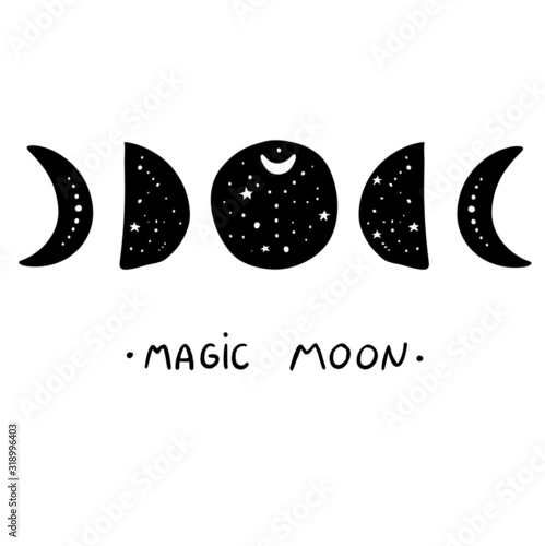 Moon phase mystic astral  magic moon. Vector illustration for a wall art design, poster, greeting card, printing. Aztec stile, tribal art, ethnic, design isolated on white background.	