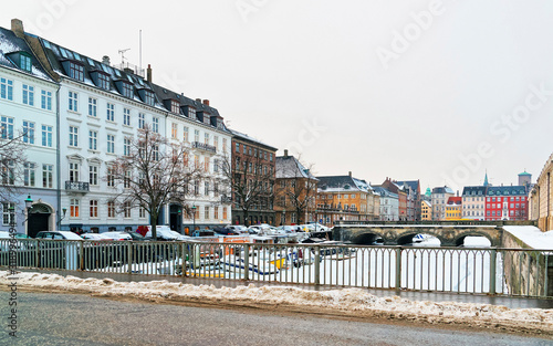 Waterfront and bridges in Copenhagen in winter. Copenhagen is the capital and most populated city in Denmark. It connects the North sea with the Baltic sea.